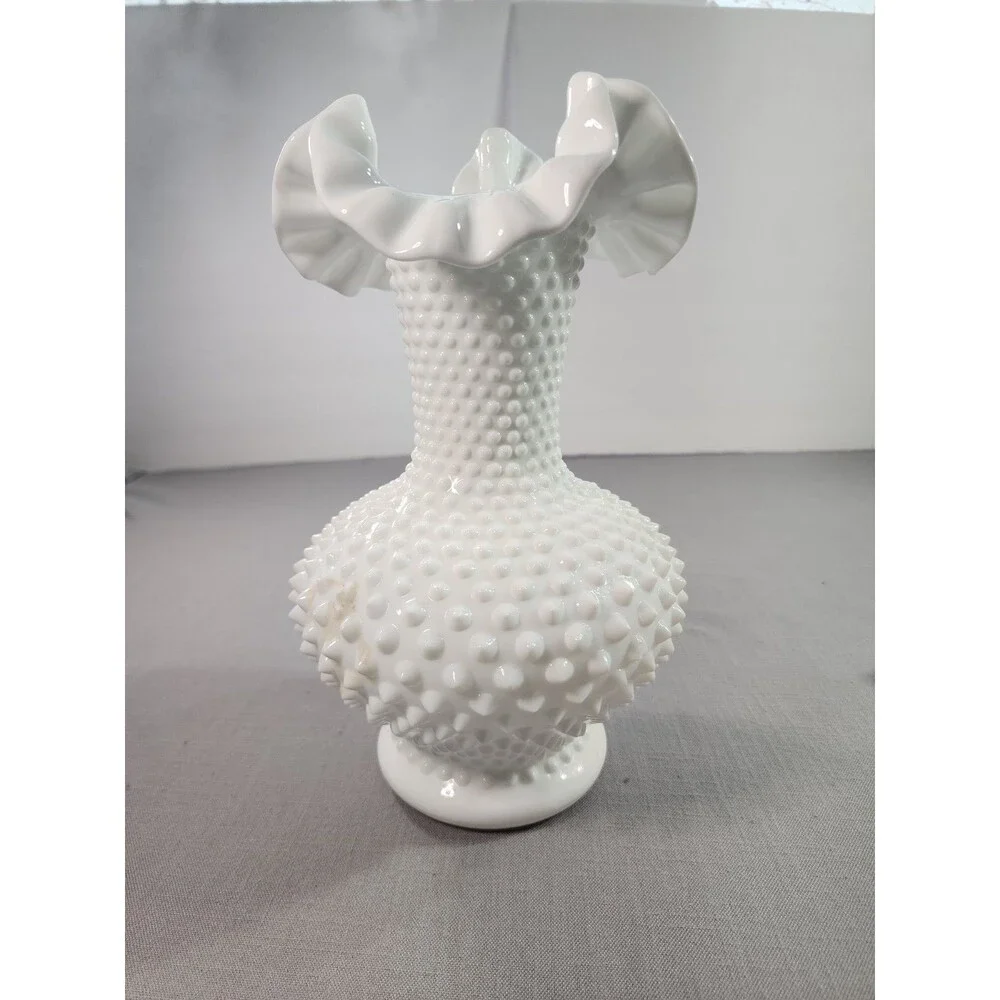 Vintage White Milk Glass Hobnail Vase with Ruffled Rim 10